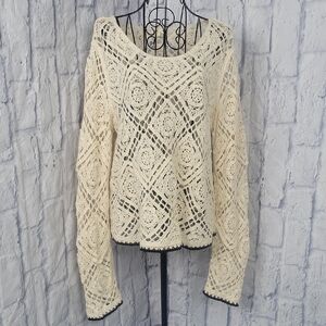 Ultra Pink Cream Crochet Lace Open Weave Blouse Large